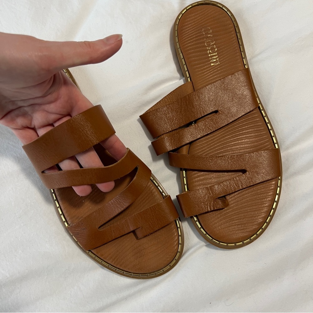 🚨 Last day Fri 🧳 Brown Leather Flat Sandals with Geometric Straps